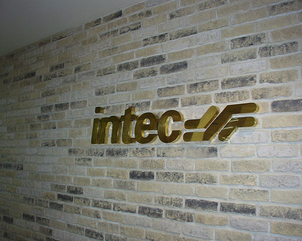 Logo firmy Intec z polerowanego i lakierowanego mosiądzu